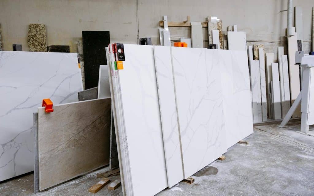 Granite slabs displayed in a warehouse ready for countertop selection